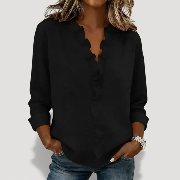 CRISTINE – RUFFLED BLUE BLOUSE