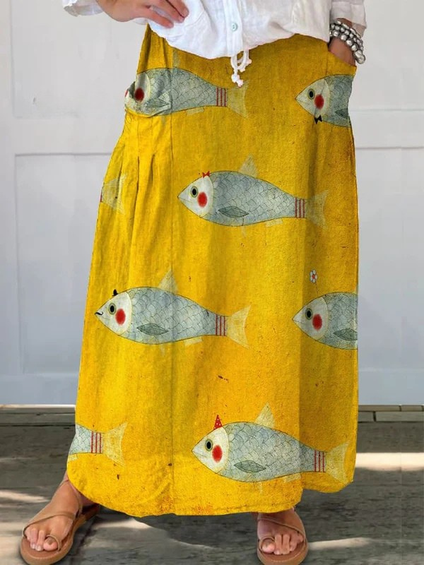 Kangaslinane Seelik Vintage Kalade Kujundusega Naistele