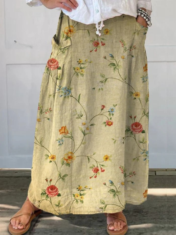 Elegantne Retro Lilleline Linaseelik Naiste Elastse Vöökoha ja Taskutega