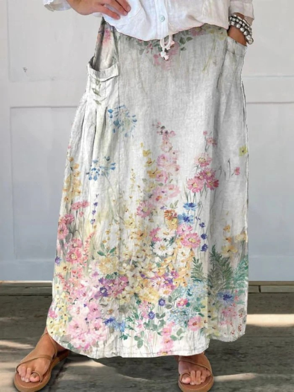 Elegantne Retro Lilleline Linaseelik Naiste Elastse Vöökoha ja Taskutega